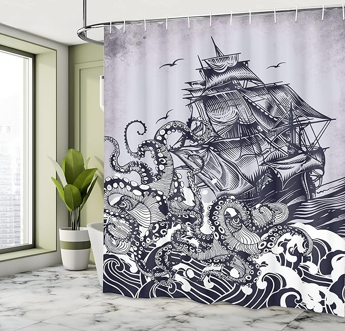 Ambesonne Vintage Art Nautical Shower Curtain Set for Ocean Theme Bathroom Kraken Octopus Tentacles with Ship Sail Boat in Ocean Waves 100% Polyester Cloth Fabric Set with 12 Hooks 69" W x 84" L, Blue
