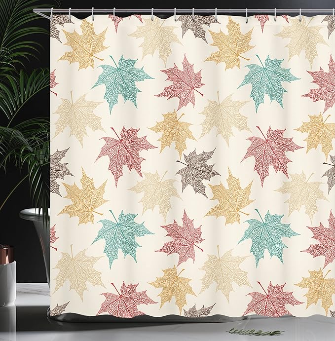Ambesonne Leaf Shower Curtain, Pattern Colored Maple Leaves Seasonal Nature Inspired Ecology Artwork Print, Cloth Fabric Bathroom Decor Set with Hooks, 69" W x 70" L, Burgundy Teal Beige