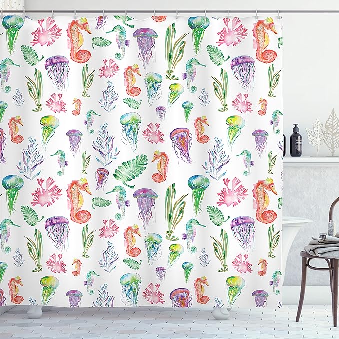Ambesonne Jellyfish Shower Curtain, Colorful Seahorses Jellyfish and Seaweed Algae Fun Underwater Design Pattern, Cloth Fabric Bathroom Decor Set with Hooks, 69" W x 84" L, Green Pink