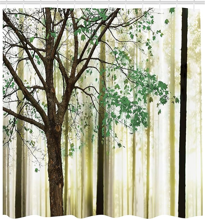 Ambesonne Autumn Shower Curtain, Fall Trees Leaves on Woodland Background Picture, Cloth Fabric Bathroom Accessories Set with 12 Hooks Home Decor for Restroom and Guest Room, 69" W x 70" L, Fern Green