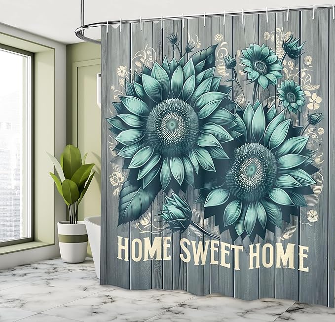 Ambesonne Teal Shower Curtain, Aquamarine Tone Sunflowers and Home Concept Phrase Modern Rustic Farmhouse, Cloth Fabric Bathroom Decor Set with Hooks, 69" W x 84" L, Seafoam Dark Sea Green
