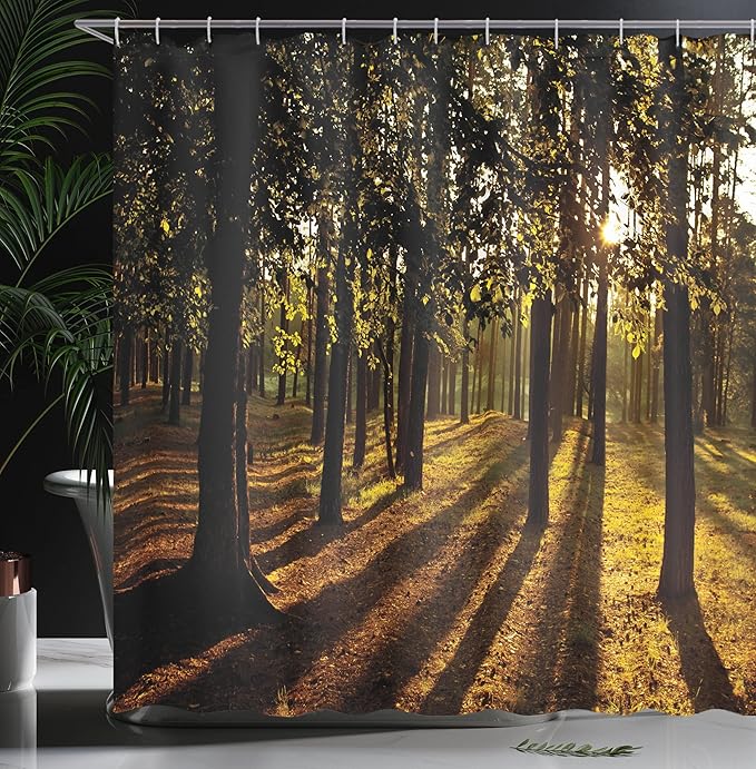 Ambesonne Forest Shower Curtain, Sunbeams Rays Through The Trees in Summertime Forest Countryside View Art Print, Cloth Fabric Bathroom Decor Set with Hooks, 69" W x 84" L, Orange Brown