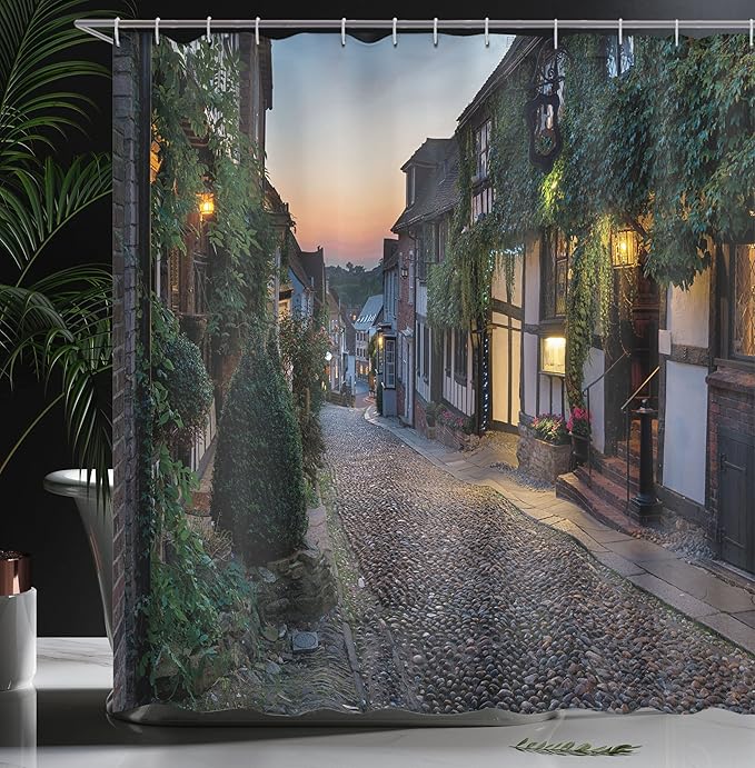 Ambesonne Scenery Shower Curtain, Nighttime on The Cobbles at Mermaid Street in East Sussex Cottages Houses, Cloth Fabric Bathroom Decor Set with Hooks, 69" W x 70" L, Blue Grey and Green
