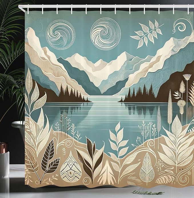 Ambesonne Lake Shower Curtain, Mountains Calm Nature Scenery Botanical Neutral Ornaments Illustration, Cloth Fabric Bathroom Decor Set with Hooks, 69" W x 84" L, Pale Teal Tan and Brown