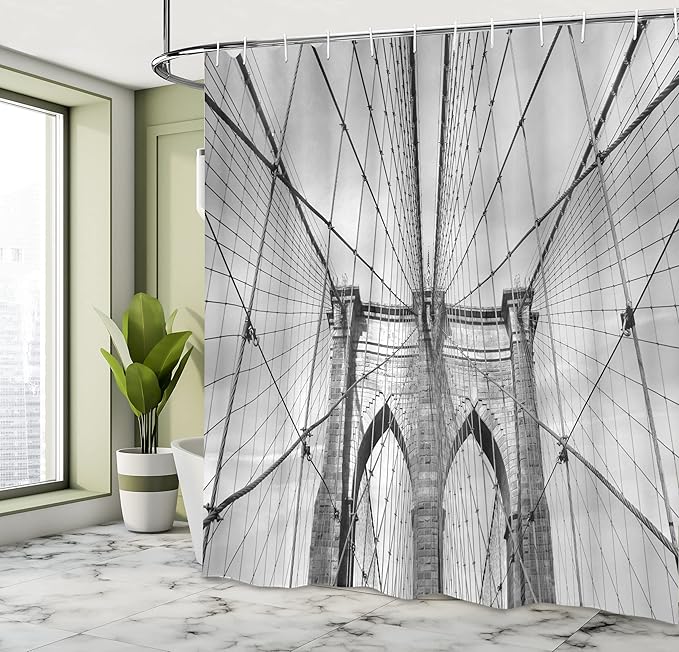Ambesonne Landscape Shower Curtain, USA New York Brooklyn Bridge Cityscape Scenery Photo Print, Cloth Fabric Bathroom Decor Set with Hooks, 69" W x 70" L, Charcoal White