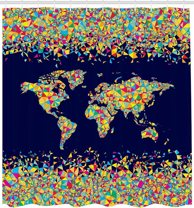 Ambesonne Map Print Shower Curtain, World Map Design with Mosaics Print Global Scene Atlas Colorful Art, Cloth Fabric Bathroom Decor Set with Hooks, 69" W x 84" L, Dark Blue Yellow Blue