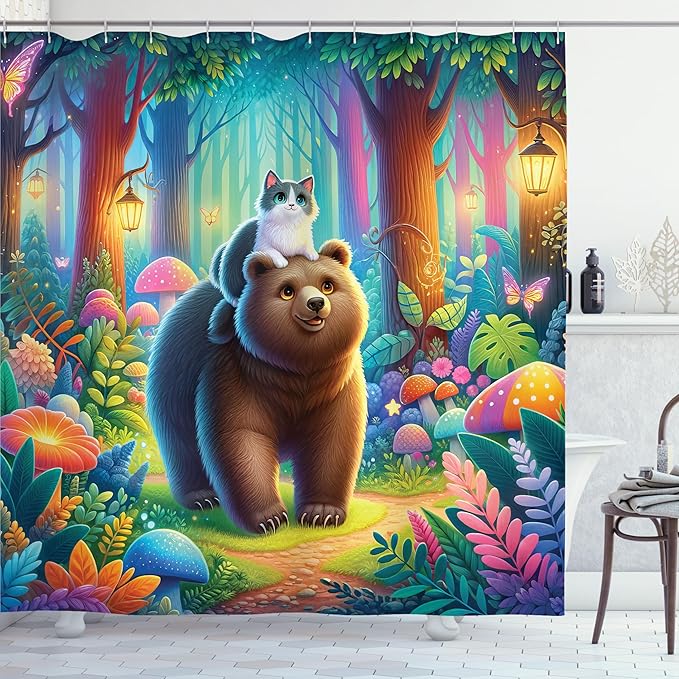 Ambesonne Funny Shower Curtain, Rave Colors of Fantasy Woodland Scenario Peaceful Cat and Bear Friends Happy, Cloth Fabric Bathroom Decor Set with Hooks, 69" W x 75" L, Caramel Multicolor