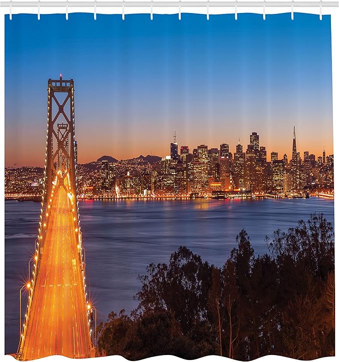 Ambesonne City Shower Curtain, Bay Bridge San Francisco California USA Urban Engineering Landmark Print, Cloth Fabric Bathroom Decor Set with Hooks, 69" W x 75" L, Pale Blue Orange Dimgrey