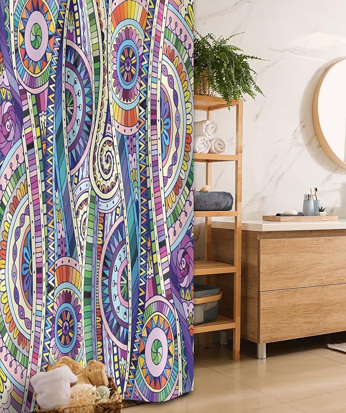 Ambesonne Floral Stall Shower Curtain, Geometric Mosaic Style Colorful Illustration Flower Pattern Ornamental Doodle Art, Fabric Bathroom Decor Set with Hooks, 36" W x 72" L, Purple Green