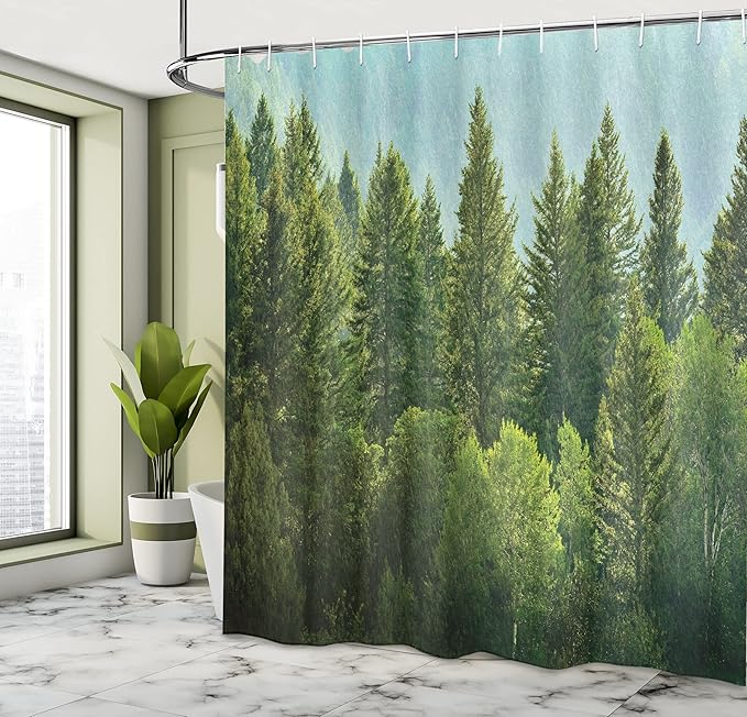 Ambesonne Nature Shower Curtain, Forest Pine Tree Tops Refreshing Eco Woodland Wilderness Mountainside Landscape Print, Cloth Fabric Bathroom Decor Set with Hooks, 69" W x 75" L, Green Teal