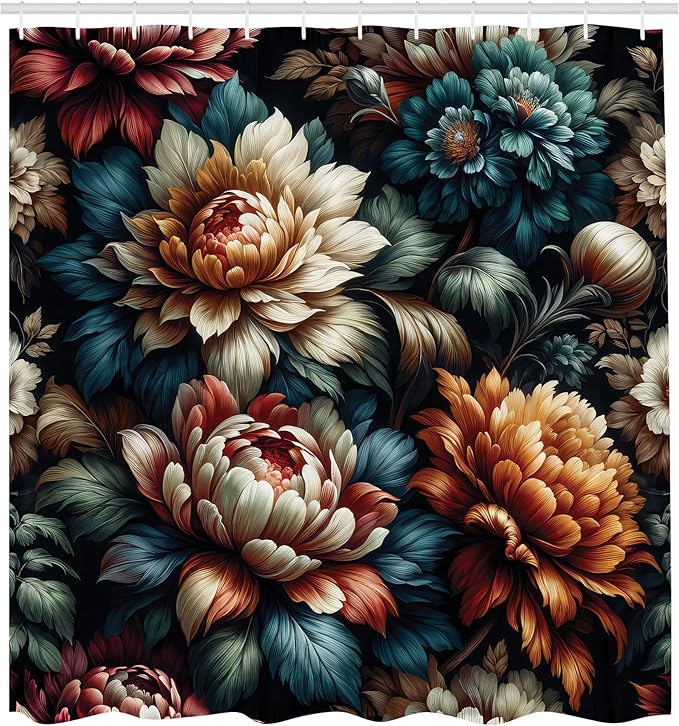 Ambesonne Floral Shower Curtain, Vintage Colorful Blooms and Dahlia Petals Look Closeup Illustration Art, Cloth Fabric Bathroom Decor Set with Hooks, 69" W x 70" L, Teal Coral and Sea Blue