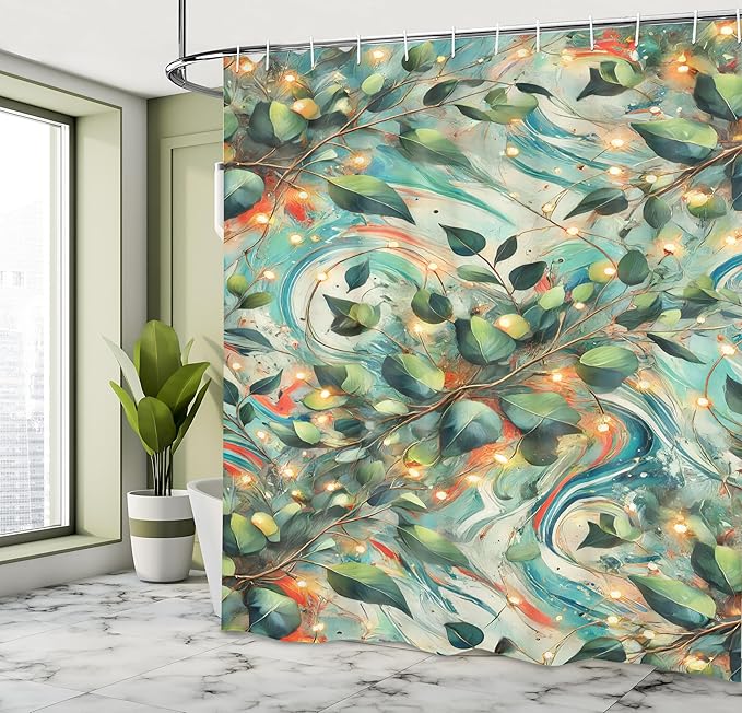 Ambesonne Christmas Shower Curtain, Winter Fantasy Themed Leafy Branches and Abstract Swirls of Xmas Joy Art, Cloth Fabric Bathroom Decor Set with Hooks, 69" W x 70" L, Sea Green Vermilion