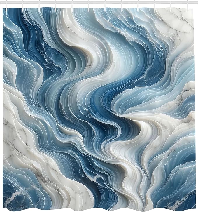 Ambesonne Blue Shower Curtain, Surreal Waves of Marble Print with Oceanic Colors Modern Abstract Style, Cloth Fabric Bathroom Decor Set with Hooks, 69" W x 70" L, Sky Blue and Off White