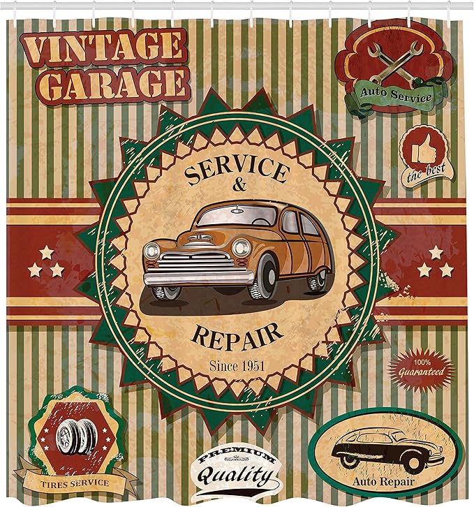 Ambesonne Retro Shower Curtain, Composition of Vintage Retro Car Emblem in Faint Color Sixties Dated Irony Art, Cloth Fabric Bathroom Decor Set with Hooks, 69" W x 70" L, Green Red Cream