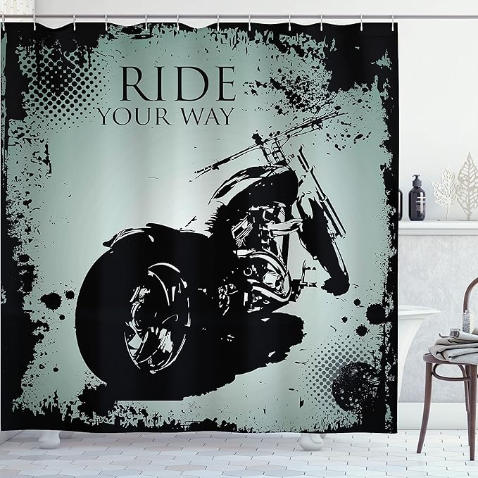 Ambesonne Vintage Shower Curtain, Retro Motorcycle with Black Dots and Splatters Chopper Road Trip Artwork, Cloth Fabric Bathroom Decor Set with Hooks, 69" W x 70" L, Black and Pale Blue
