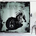 Ambesonne Vintage Shower Curtain, Retro Motorcycle with Black Dots and Splatters Chopper Road Trip Artwork, Cloth Fabric Bathroom Decor Set with Hooks, 69" W x 70" L, Black and Pale Blue
