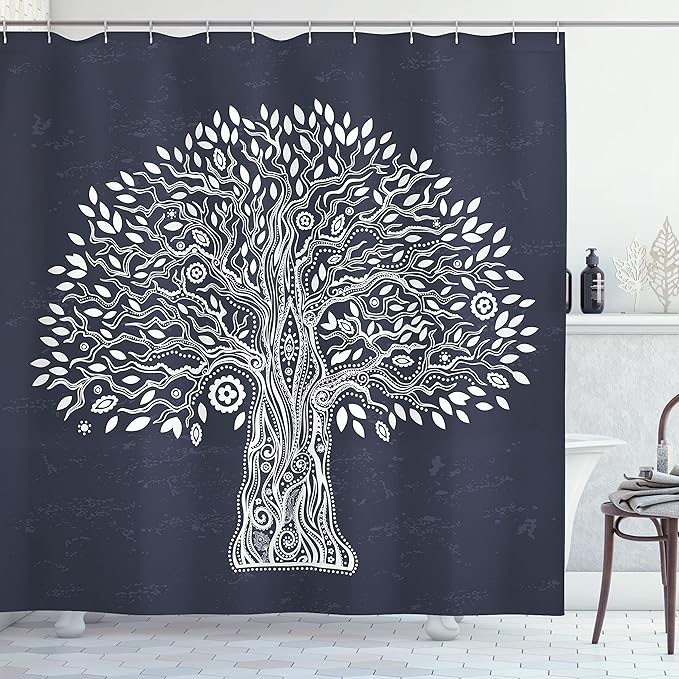 Ambesonne Tree of Life Shower Curtain, Doodle Tree Illustration Oriental Harmonious Design Mother Nature, Cloth Fabric Bathroom Decor Set with Hooks, 69" W x 75" L, Grey White