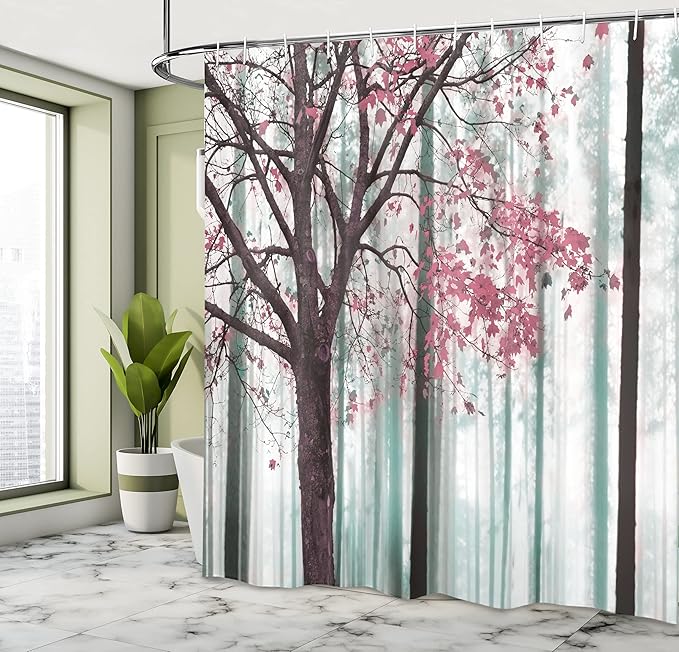 Ambesonne Autumn Shower Curtain, Picture of a Lonely Tree Leaves on an Abstract Woodland Background Print, Cloth Fabric Bathroom Decor Set with Hooks, 69" W x 84" L, Pastel Pink