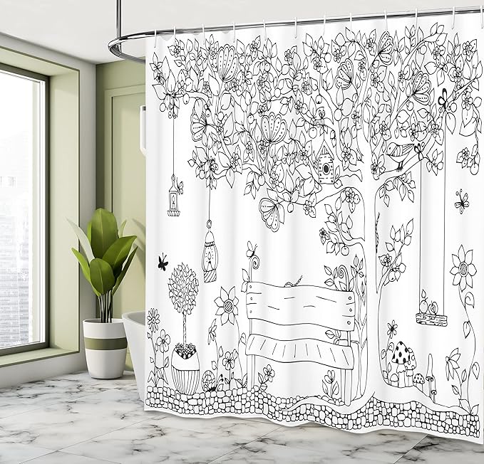 Ambesonne Tree Shower Curtain, Floral Tree with Outline Butterflies and Swing in Garden Dream Space Illustration, Cloth Fabric Bathroom Decor Set with Hooks, 69" W x 84" L, Cream and Black