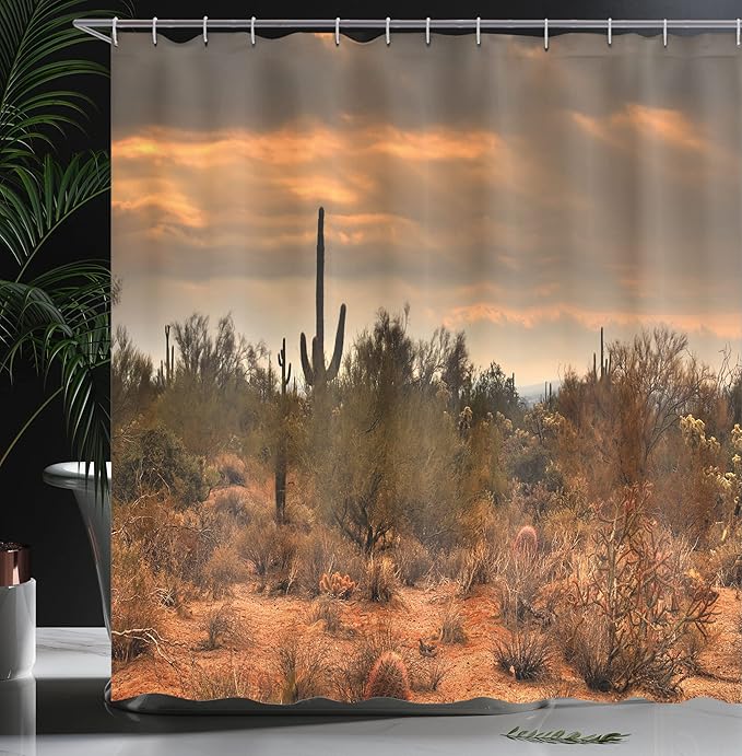 Ambesonne Saguaro Shower Curtain, Dramatic Shady Desert View with a Storm Cloud Approaching Western Arizona Photo, Cloth Fabric Bathroom Decor Set with Hooks, 69" W x 84" L, Orange Green