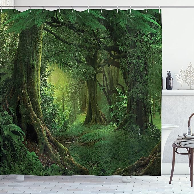 Ambesonne Forest Shower Curtain, Enchanted Woodland Foliage in Deep Tropical Jungle at Southeast Landscape Print, Cloth Fabric Bathroom Decor Set with Hooks, 69" W x 75" L, Green