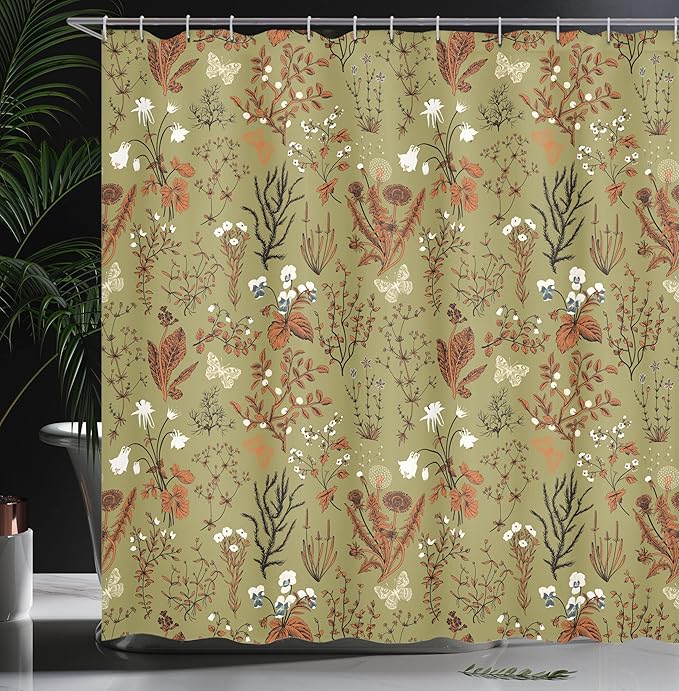 Ambesonne Floral Shower Curtain, Vintage Garden Plants Herbs Flowers Botanical Classic Design Illustration, Cloth Fabric Bathroom Decor Set with Hooks, 69" W x 70" L, Dark Orange