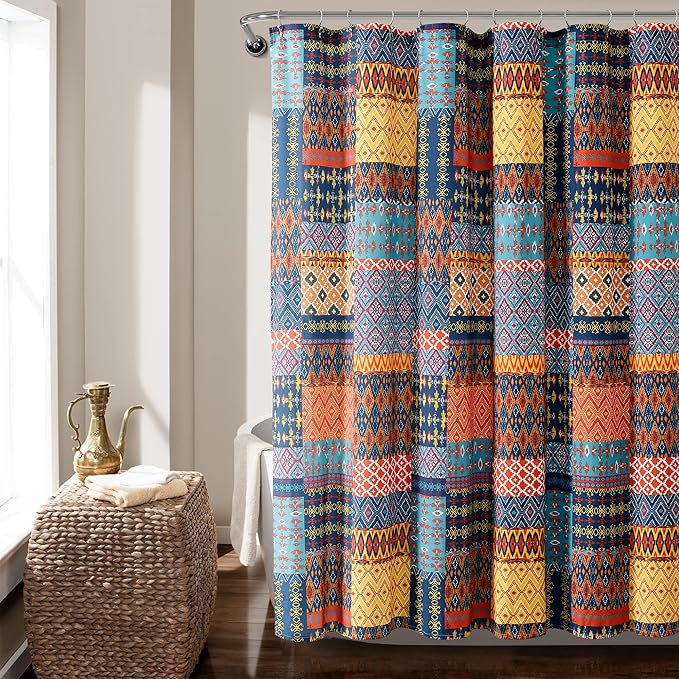 Lush Decor Misha Shower Curtain Single 72" W x 72" L Multi - Fabric Shower Curtains for Bathroom - Patchwork Bathroom Curtain - Colorful Boho Decor