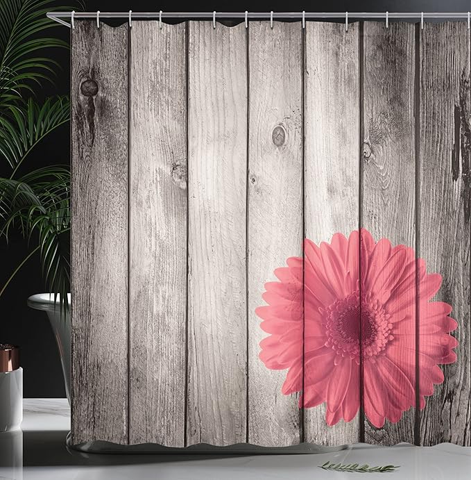 Ambesonne Rustic Shower Curtain, Flower Red Dahlia on Foreground of Murky Featured Dated Wooden Board Retro Art Print, Cloth Fabric Bathroom Decor Set with Hooks, 69" W x 70" L, Dark Coral