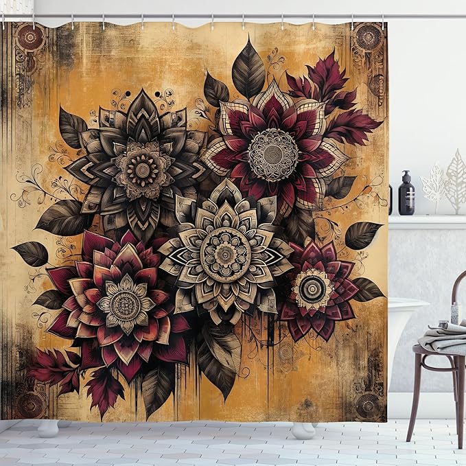 Ambesonne Boho Floral Shower Curtain, Vintage Exotic Flowers Arrange on Rusty Weathered Old Wood Plank, Cloth Fabric Bathroom Decor Set with Hooks, 69" W x 75" L, Burgundy Marigold Dimgray