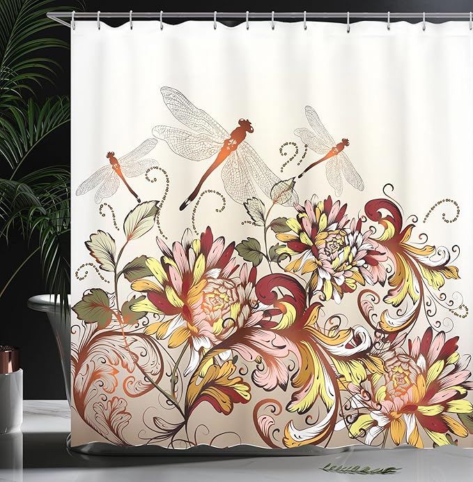 Ambesonne Spring Shower Curtain, Flower Field Foliage with Dragonflies Season Shabby Classic Leaves Pattern, Cloth Fabric Bathroom Decor Set with Hooks, 69" W x 70" L, Orange Ruby Rose