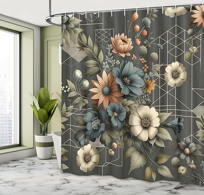 Ambesonne Floral Shower Curtain, Abstract Mysterious Flowers Bouquet with Symmetric Lines on Dark Backdrop, Cloth Fabric Bathroom Decor Set with Hooks, 69" W x 70" L, Dark Teal Peach Camel