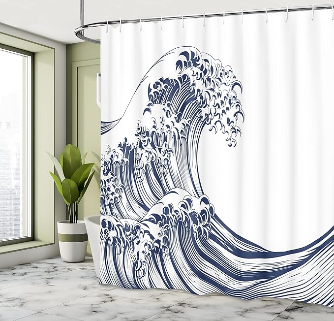 Ambesonne Japanese Wave Shower Curtain, Oriental Vintage Wave Monochrome Kanagawa Inspired Antique Art, Cloth Fabric Bathroom Decor Set with Hooks, 69" W x 70" L, Navy Blue