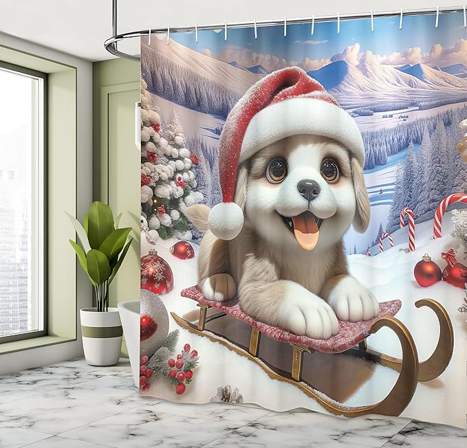 Ambesonne Christmas Shower Curtain, Fluffy Puppy with Big Eyes in a Santa Hat with Xmas Tree Ornaments, Cloth Fabric Bathroom Decor Set with Hooks, 69" W x 70" L, Ceil Blue Scarlet White