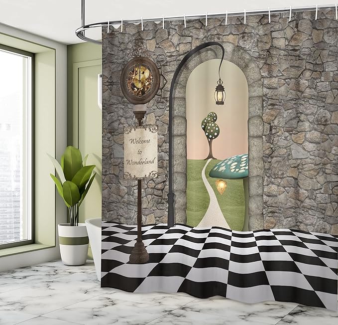 Ambesonne Alice in Wonderland Shower Curtain, Welcome Wonderland Black and White Floor Landscape Mushroom Print, Cloth Fabric Bathroom Decor Set with Hooks, 69" W x 70" L, Black Green
