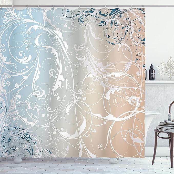 Ambesonne Floral Shower Curtain, Baroque Swirl Branches Curved Flower Leaves Shabby Form Nature Pattern, Cloth Fabric Bathroom Decor Set with Hooks, 69" W x 70" L, Champagne Dust