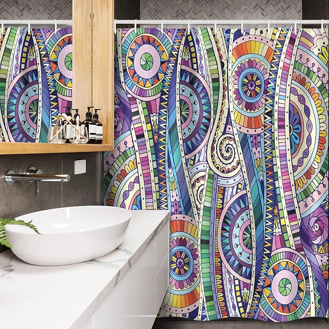 Ambesonne Floral Stall Shower Curtain, Geometric Mosaic Style Colorful Illustration Flower Pattern Ornamental Doodle Art, Fabric Bathroom Decor Set with Hooks, 54" W x 78" L, Purple Green
