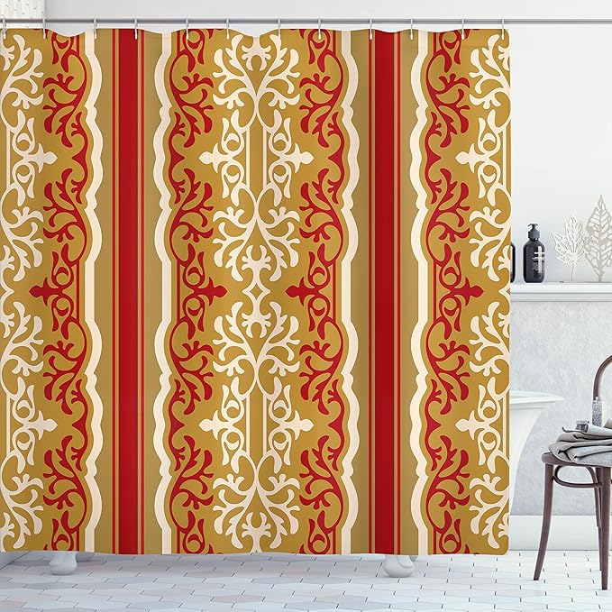 Ambesonne Orient Shower Curtain, Exotic Swirl Floral Ornament Branches Motif Orient Art Illustration, Cloth Fabric Bathroom Decor Set with Hooks, 69" W x 70" L, Pale Coffee Cream and Ruby