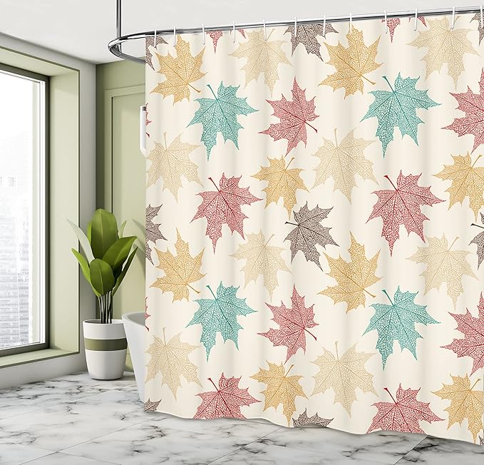 Ambesonne Leaf Shower Curtain, Pattern Colored Maple Leaves Seasonal Nature Inspired Ecology Artwork Print, Cloth Fabric Bathroom Decor Set with Hooks, 69" W x 70" L, Burgundy Teal Beige