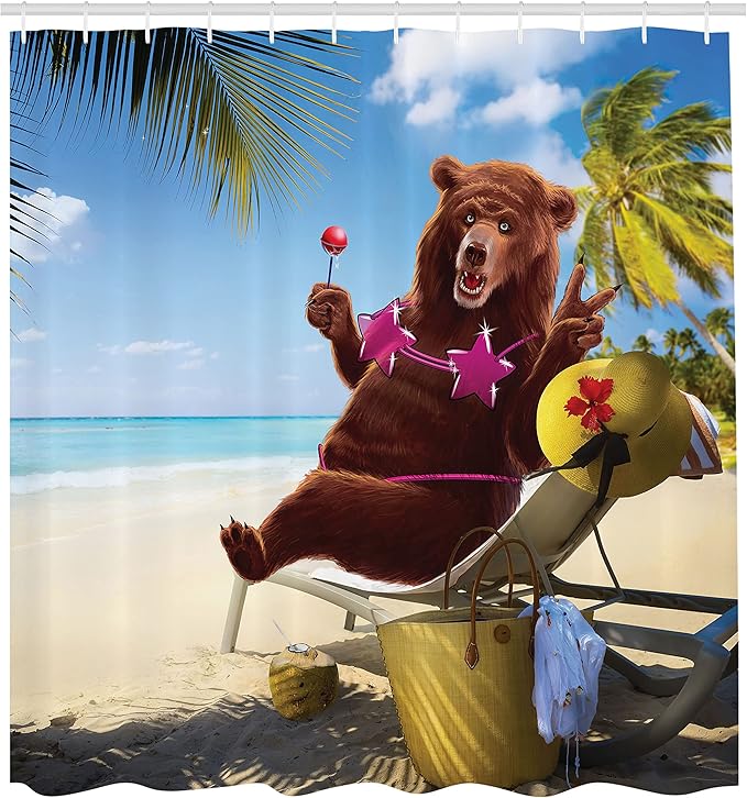 Ambesonne Animal Shower Curtain, Funny Happy and Whimsical Bear Sunbathing on The Beach Humorous Summer Vacay Themed, Cloth Fabric Bathroom Decor Set with Hooks, 69" W x 70" L, Multicolor