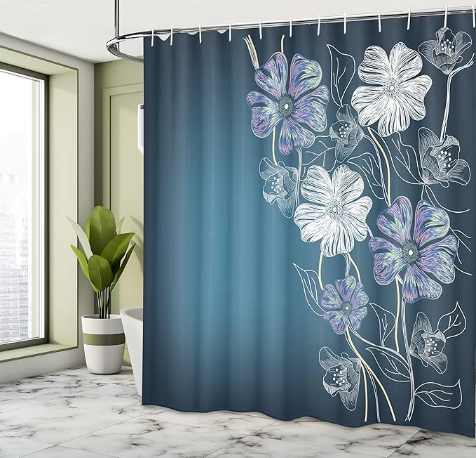 Ambesonne Art Shower Curtain, Hand Drawn Cherry Blossoms Fantasy Bridal Garden Anniversary Theme, Cloth Fabric Bathroom Decor Set with Hooks, 69" W x 75" L, Blue Lavender