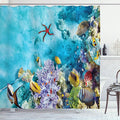Ambesonne Ocean Shower Curtain, Corals Fishes Jellyfish Scatefish Starfish in Shallow Underwater, Cloth Fabric Bathroom Decor Set with Hooks, 69" W x 70" L, Sea Blue