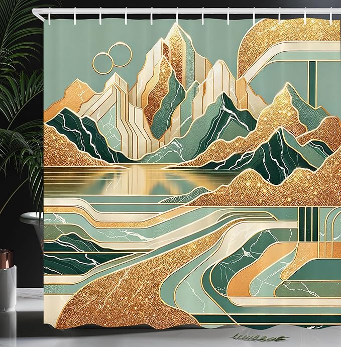 Ambesonne Mid Century Modern Boho Shower Curtain, Landscape Inspired Cloudy Mountains Geometric Shape, Cloth Fabric Bathroom Decor Set with Hooks, 69" W x 84" L, Amber Teal Burnt Orange
