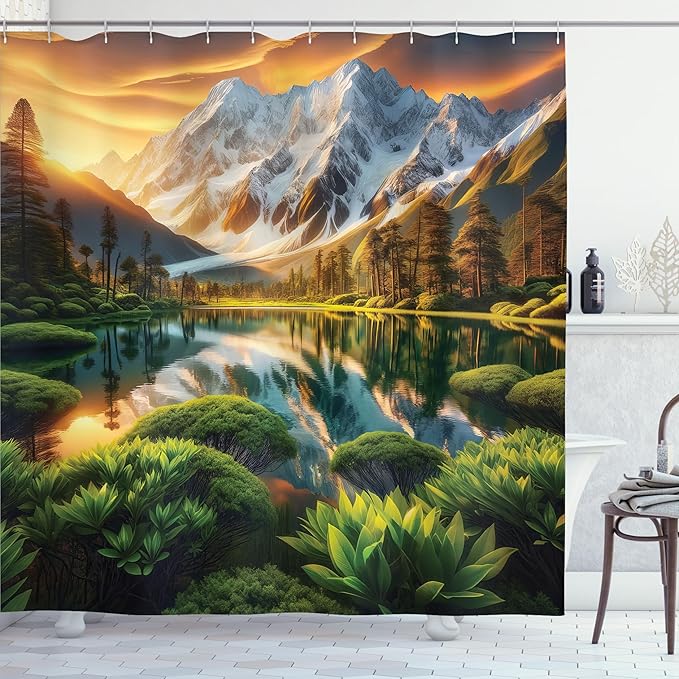 Ambesonne Lake Shower Curtain, Nature Morning Scenery Snowy Mountain Peaks Forest Bushes Water Reflections, Cloth Fabric Bathroom Decor Set with Hooks, 69" W x 70" L, Peach Green and Fawn