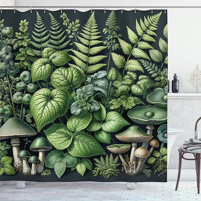 Ambesonne Botanical Shower Curtain, Fantasy Forest Jungle Themed Fern Leaves and Mushroom Jumble Design Nature, Cloth Fabric Bathroom Decor Set with Hooks, 69" W x 84" L, Pistachio Green