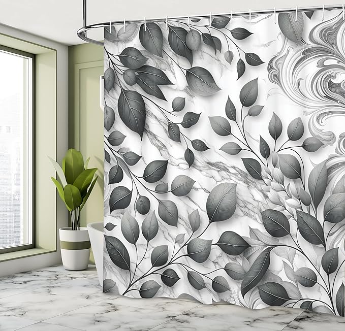 Ambesonne Grey Shower Curtain, Monochrome Art Leafy Atmosphere with Marble Print Details Modern Melancholia, Cloth Fabric Bathroom Decor Set with Hooks, 69" W x 70" L, Purpleblue Off White