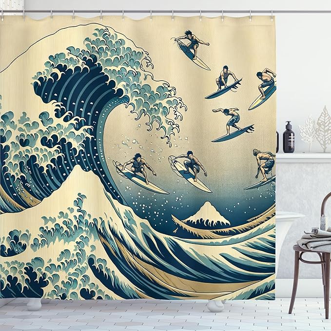 Ambesonne Ukiyo-e Wave Shower Curtain, Classic Japanese Ocean Painting with Flying Surfers Asian Folk, Cloth Fabric Bathroom Decor Set with Hooks, 69" W x 75" L, Navy Blue Ivory Seafoam