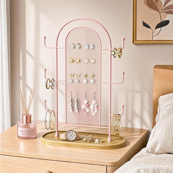 bussdis Jewelry Holder Organizer Earring Display - Earring Storage Tree Stands Towers With 6 Hooks 300 Studs Wood Tray Pink Metal Rack