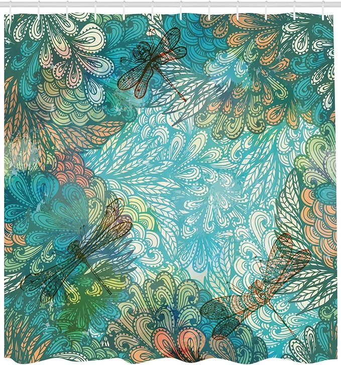 Ambesonne Dragonfly Shower Curtain, Fantasy Flowers Mixed in Various Tones Shabby Form Feminine Beauty Print, Cloth Fabric Bathroom Decor Set with Hooks, 69" W x 70" L, Turquoise Amber