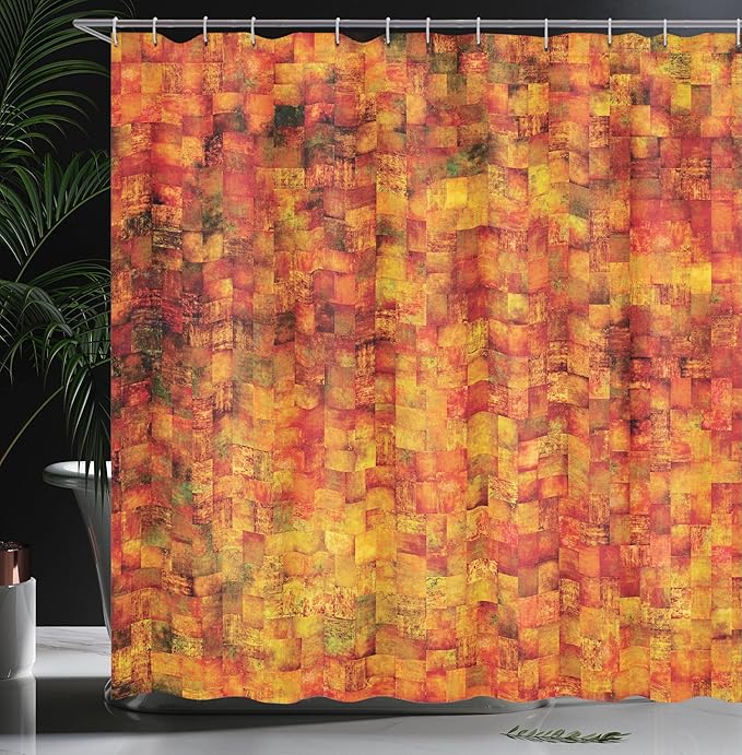 Ambesonne Burnt Orange Shower Curtain, Vintage Mosaic Background Quadratic Little Geometric Squares Faded Print, Cloth Fabric Bathroom Decor Set with Hooks, 69" W x 75" L, Orange Mustard