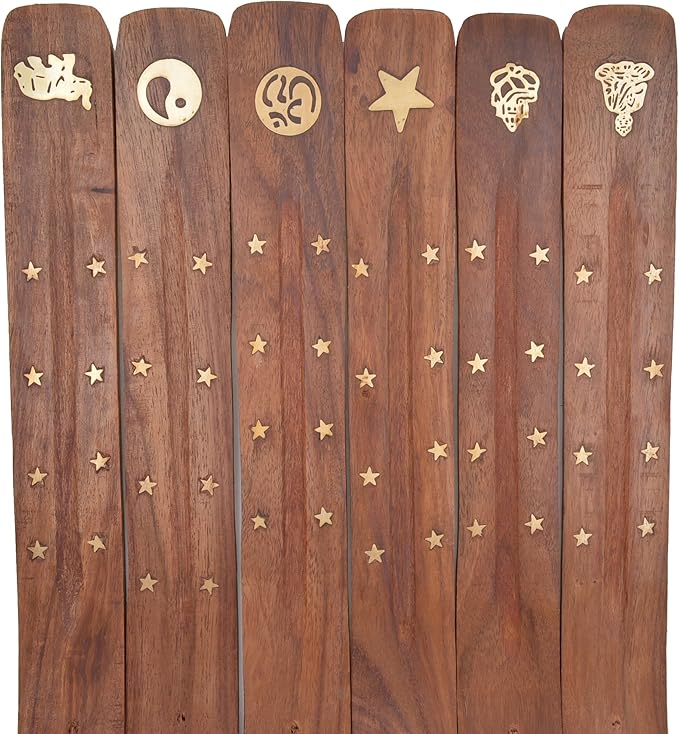 ® Wooden Incense Burner Flat Ash Catcher Assorted Designs with Brass Inlay (12)
